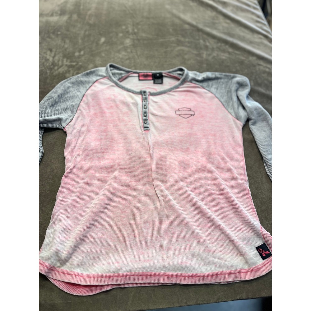 Harley-Davidson Womens‎ XL Pink Label Waffle Knit Henley Raglan Thermal Shirt